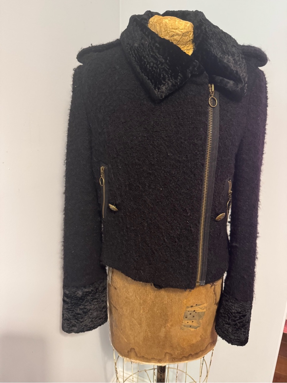 Mango Black Asymmetrical Zip Faux-Fur Trim Jacket